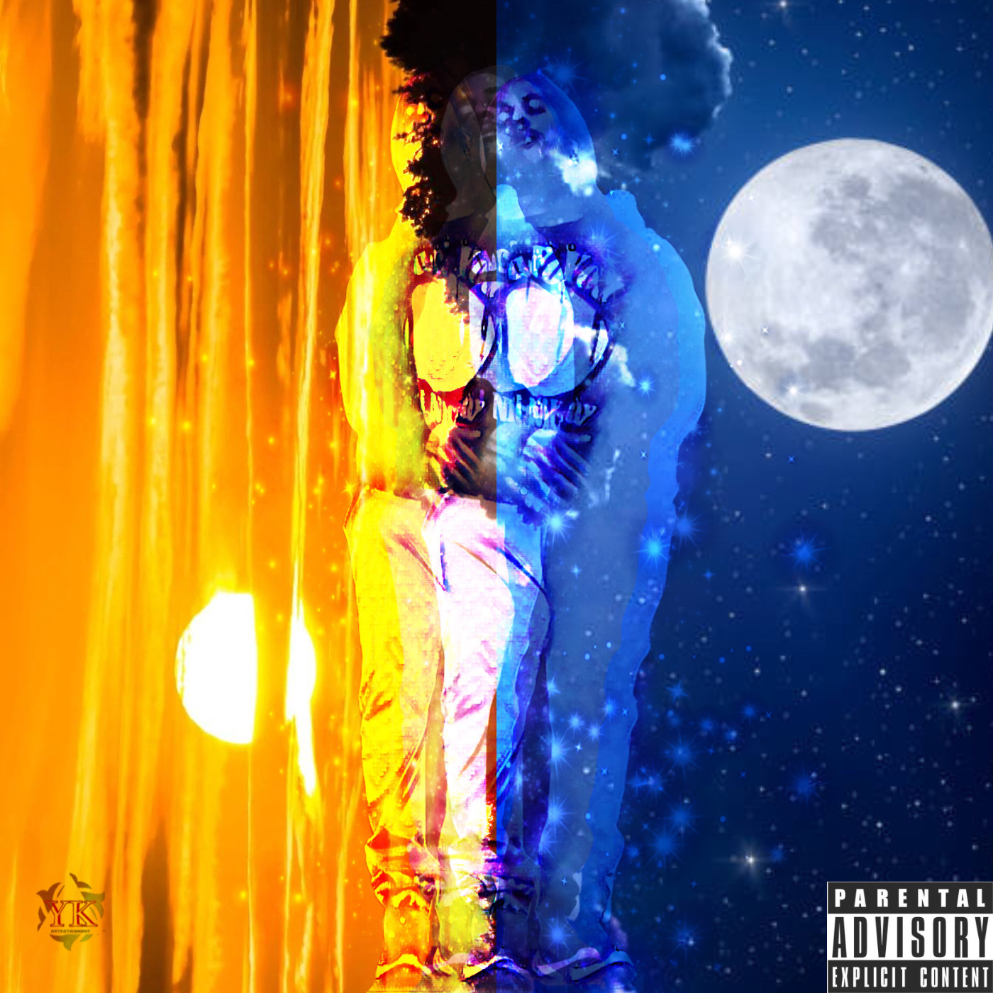 A person standing between a sunset and a full moon, with a double exposure effect blending both scenes.