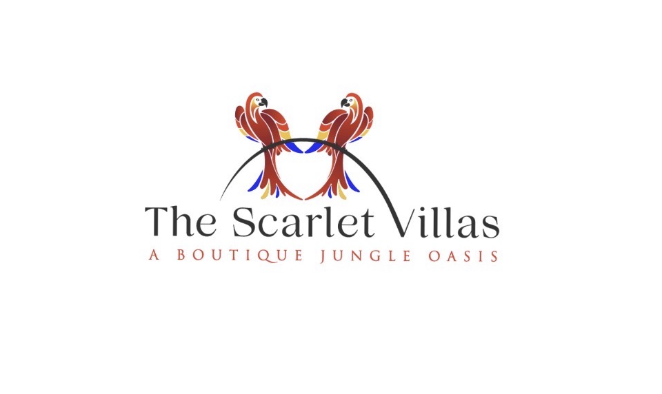Logo with two red and blue stylized birds facing each other, with text below reading 'The Scarlet Villas' and 'A Boutique Jungle Oasis'.