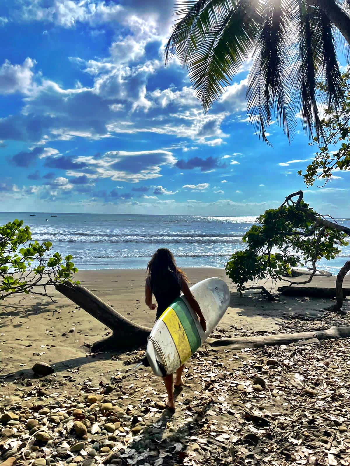 Person walking on sandy beach holding a surfboard, with palm trees and ocean in background, under partly cloudy sky.