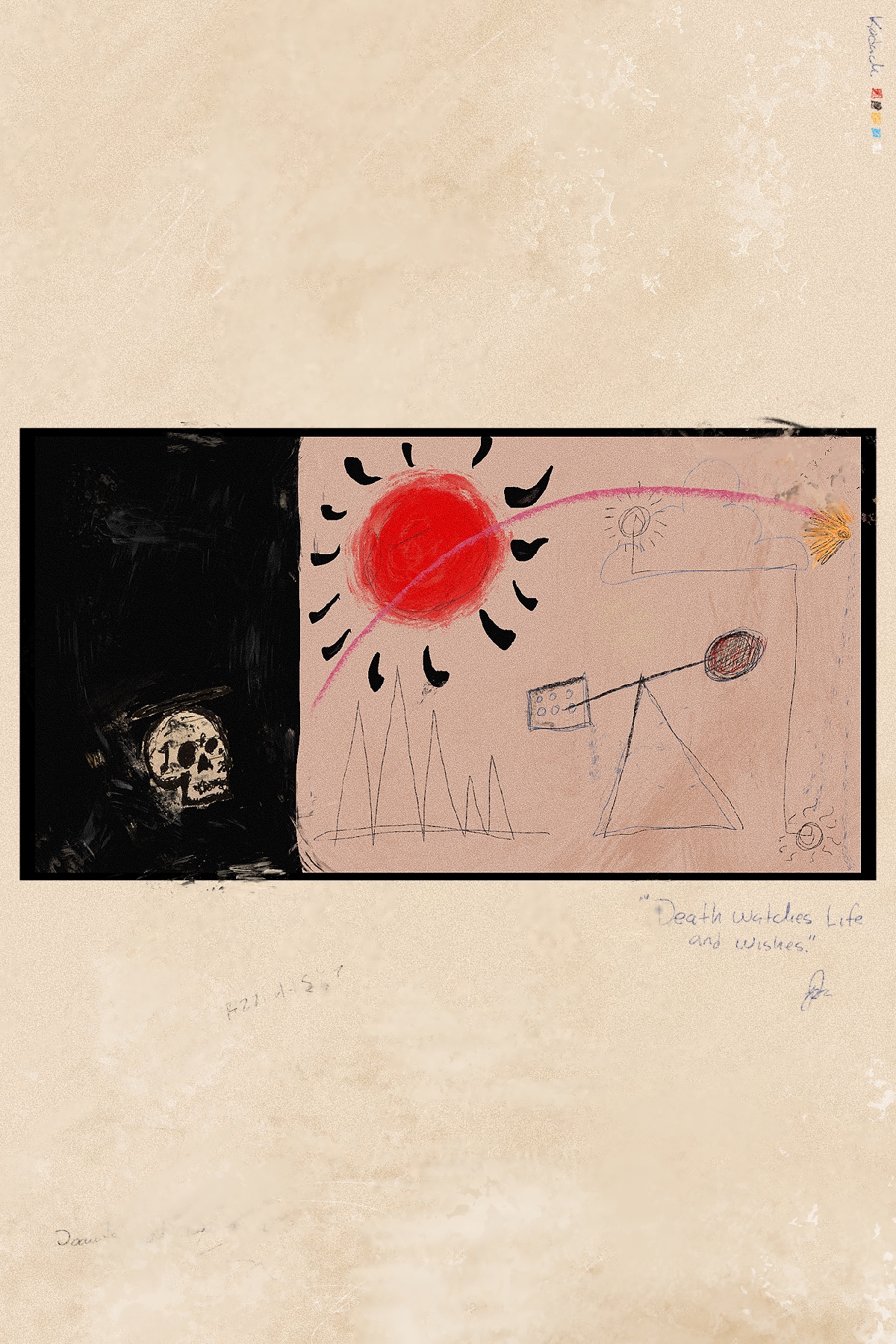 Child's drawing with a red sun, stick figures, and scribbles on paper, with a black section on the left.
