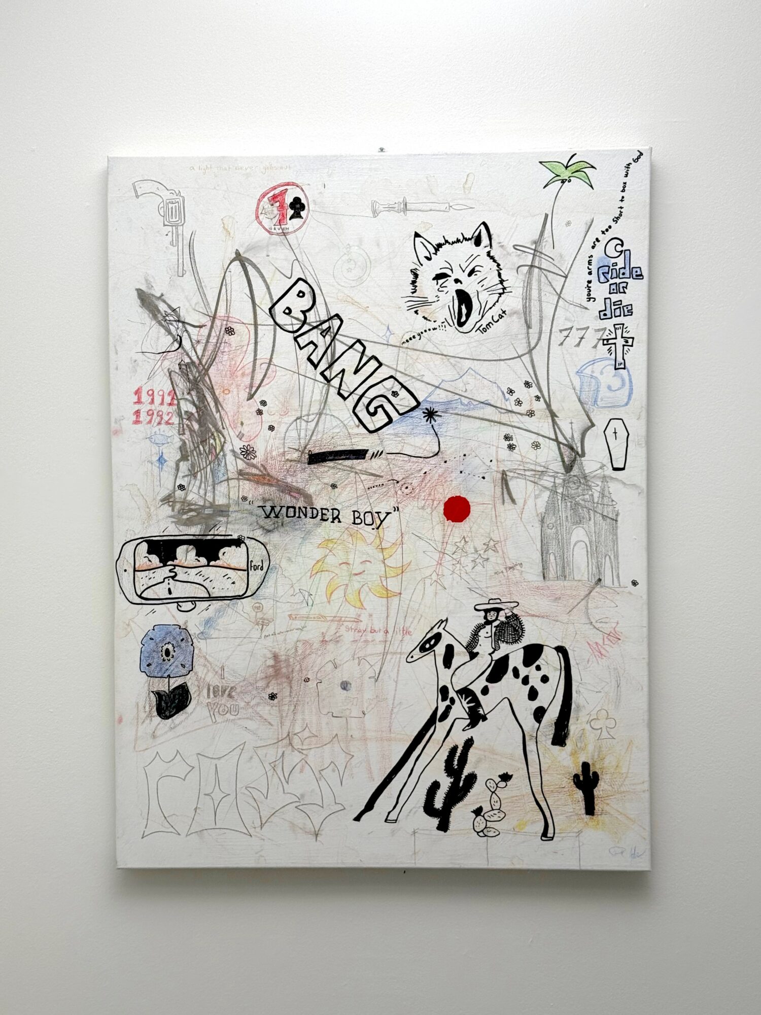 Abstract drawing with a dog, a cat, and various doodles, including the words 'BANG' and 'WONDER BOY'.