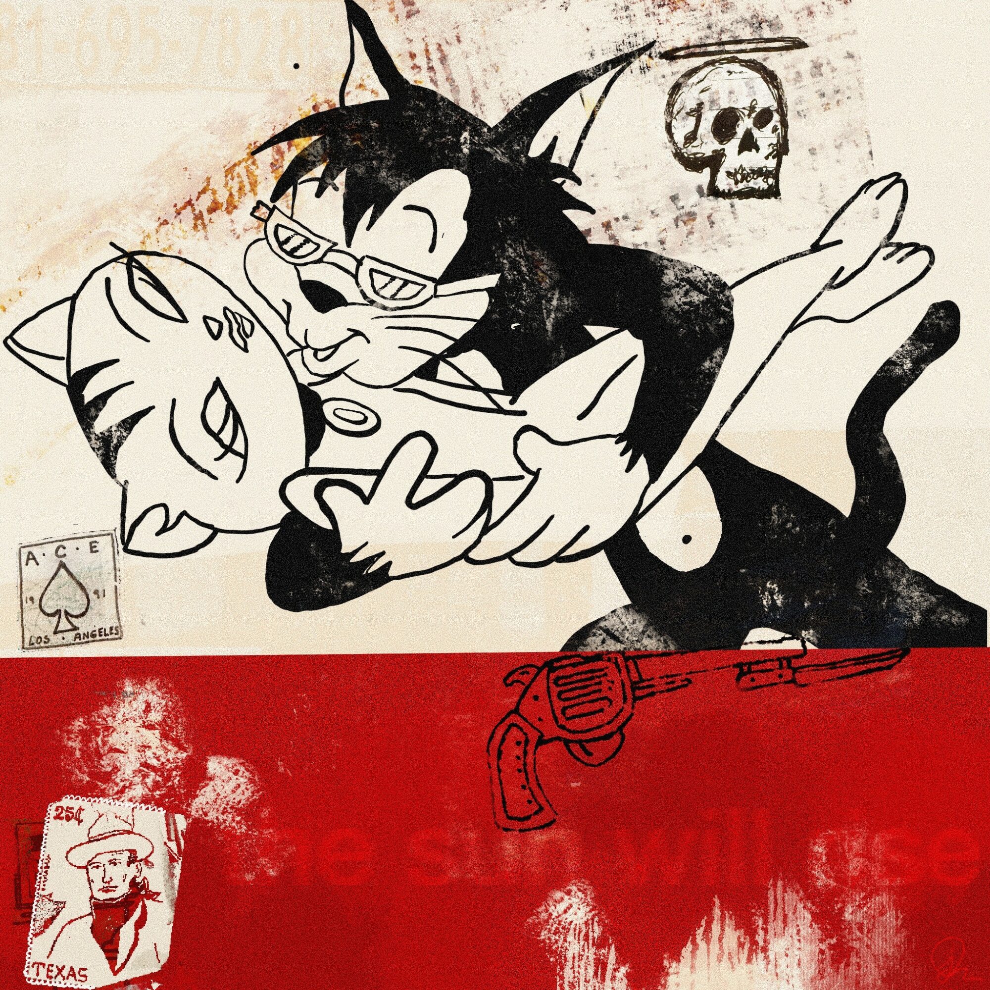 Black and white cartoon of a cat and a person with glasses hugging, with a skull and a cat face in the background.