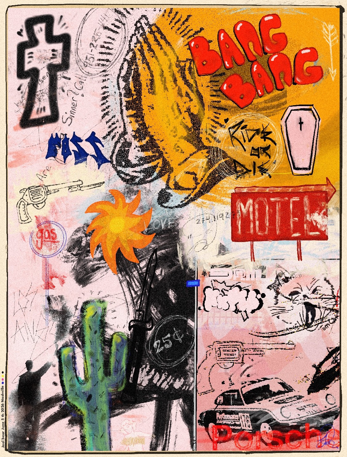 Collage with a tiger, cactus, cross, gun, coffin, and cars, featuring text like 'BANG BANG' and 'MORTE'.