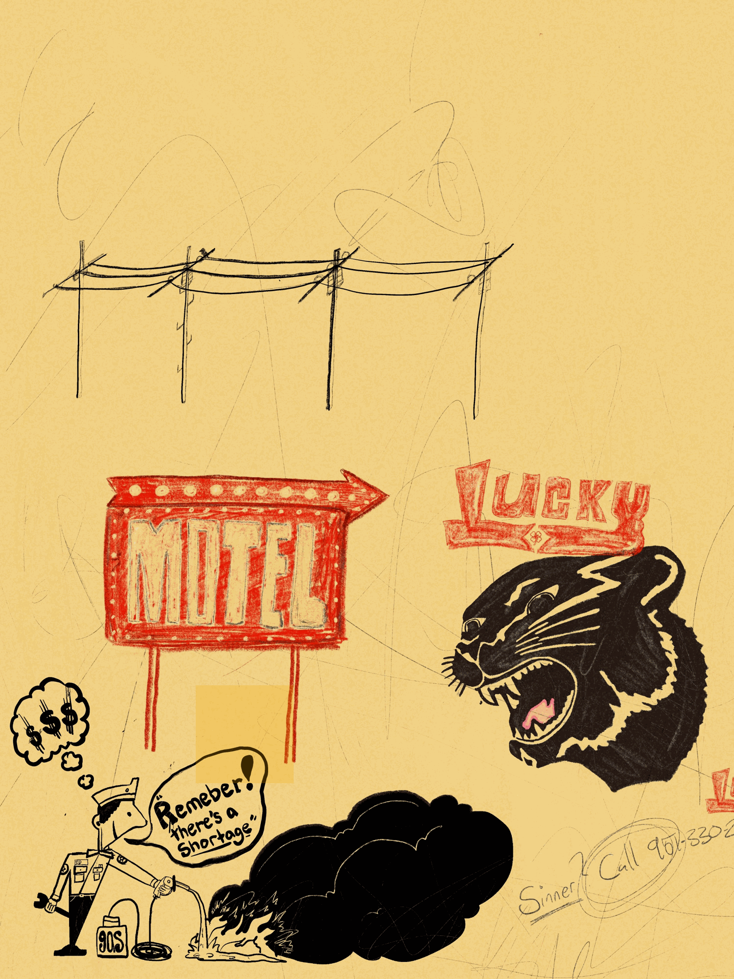 Drawing of a motel sign, a panther head, a person with a thought bubble, and power lines on yellow paper.