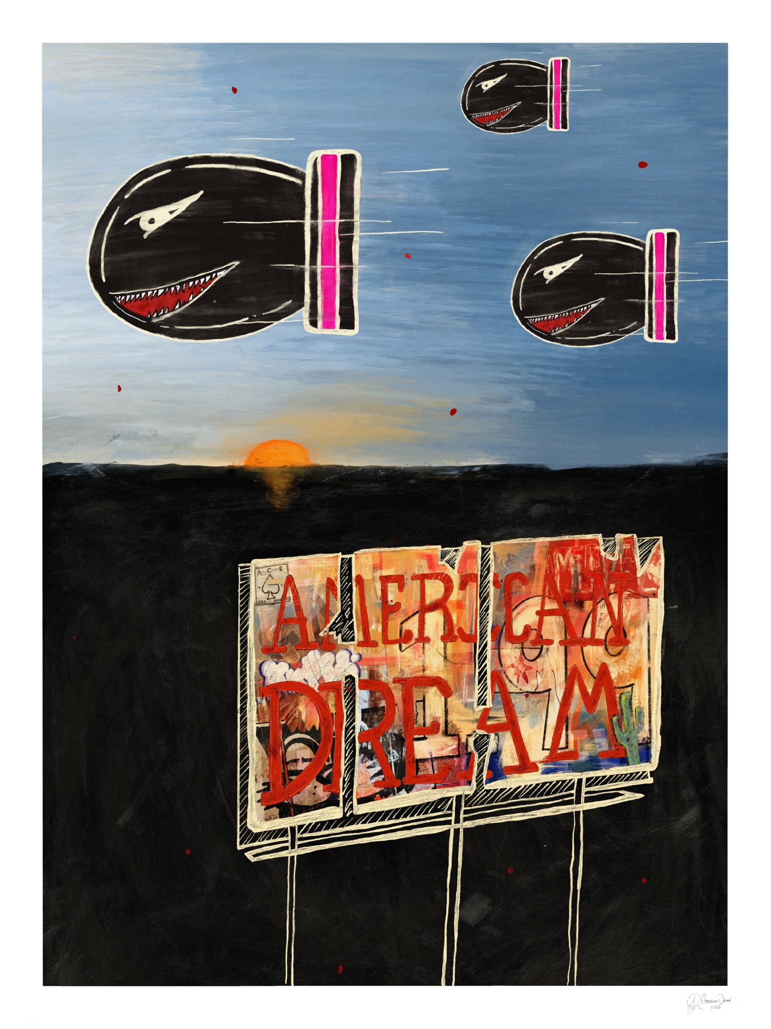 Sky with three floating black and pink objects above a billboard reading 'ALERT! DREAM' against a sunset background.