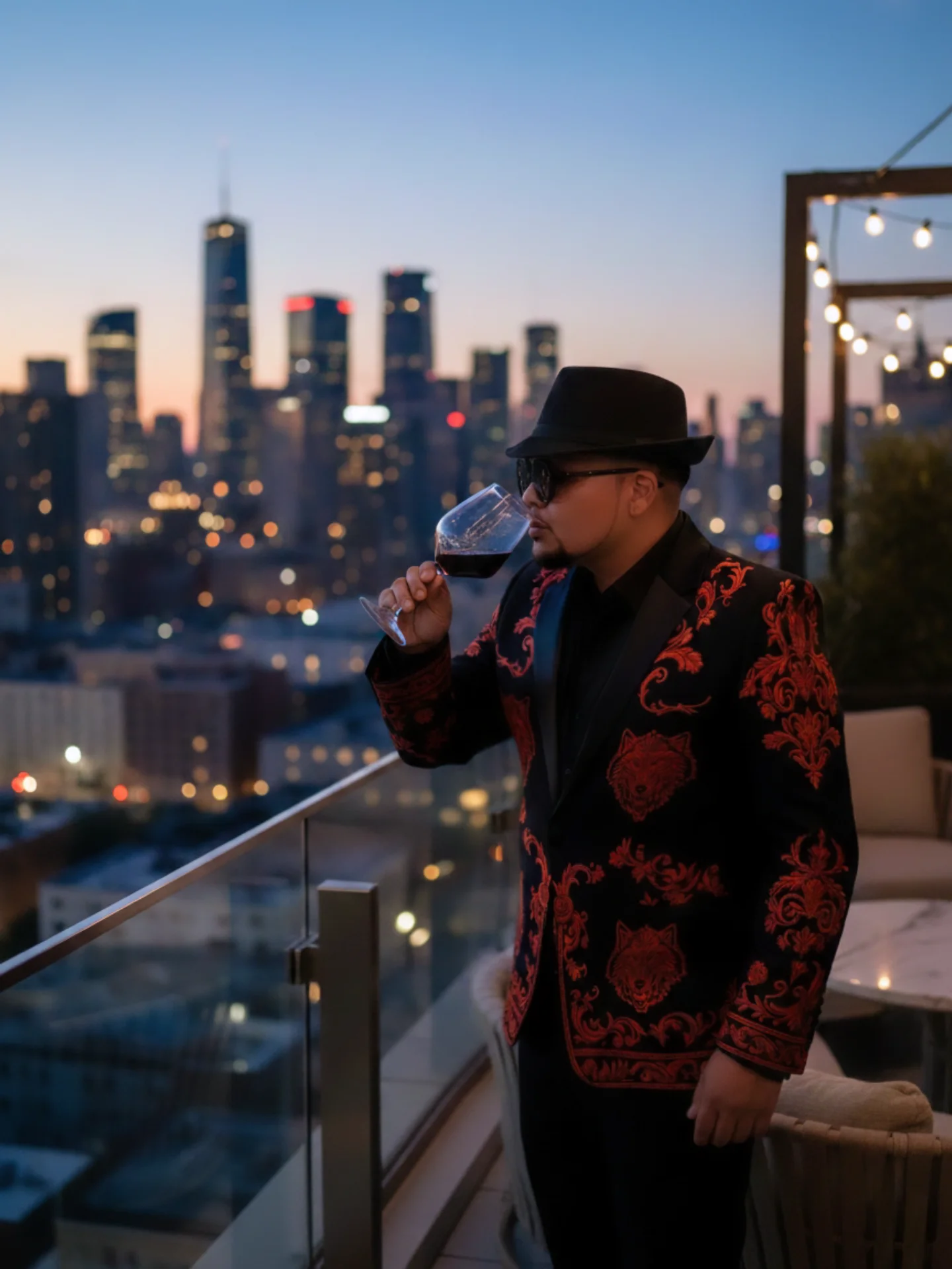 Person wearing a hat and patterned jacket drinking wine on rooftop with city skyline at dusk