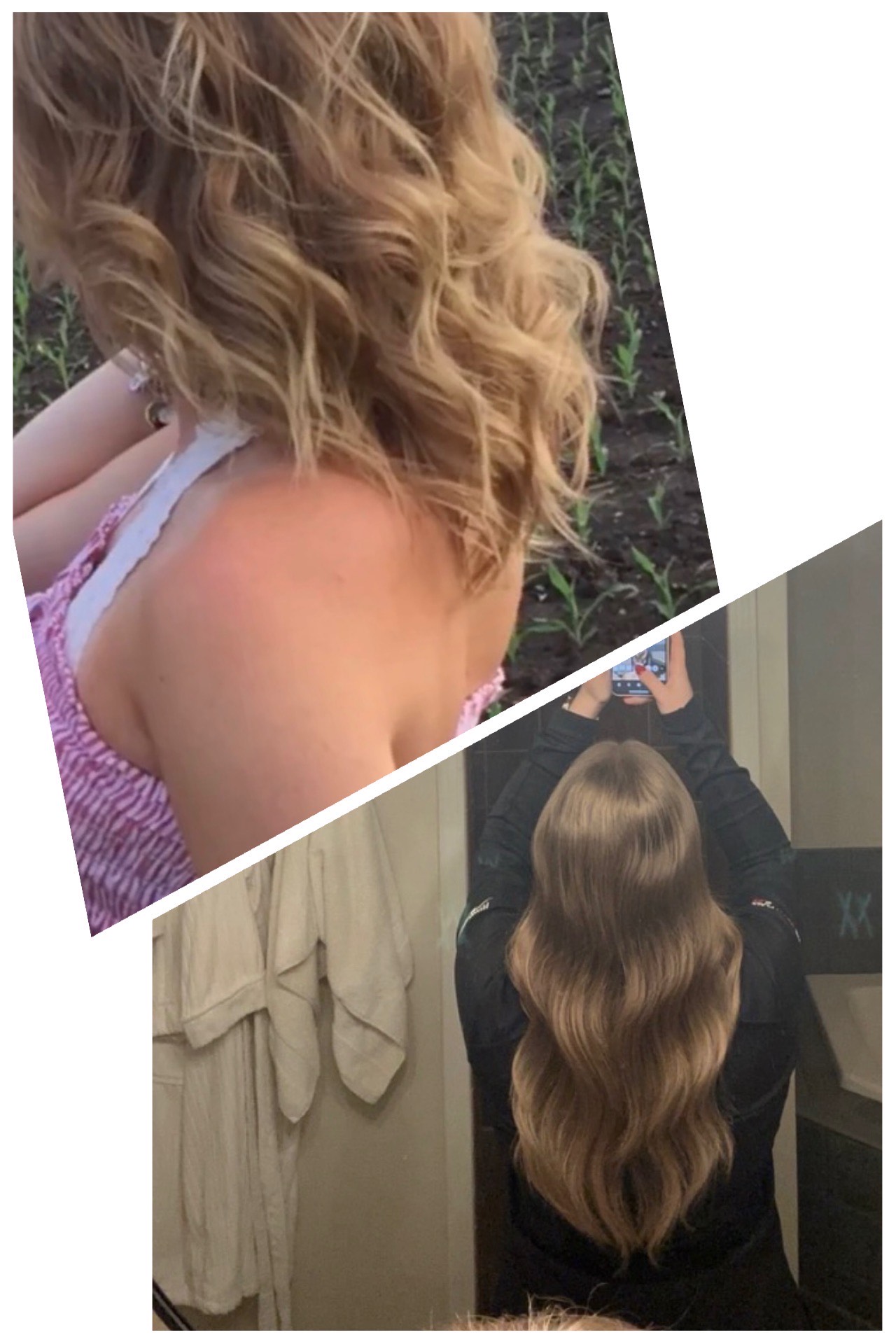 Two women with long, wavy hair, one with blonde hair and the other with light brown hair, seen from behind.