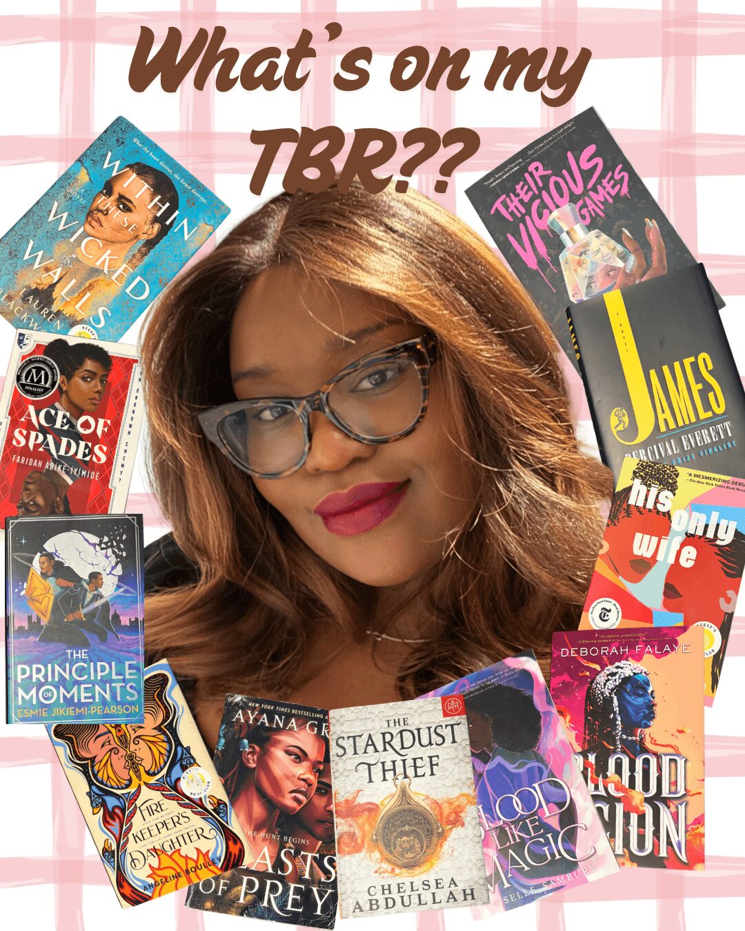Woman with glasses and wavy hair surrounded by colorful books, with text asking about her TBR list.