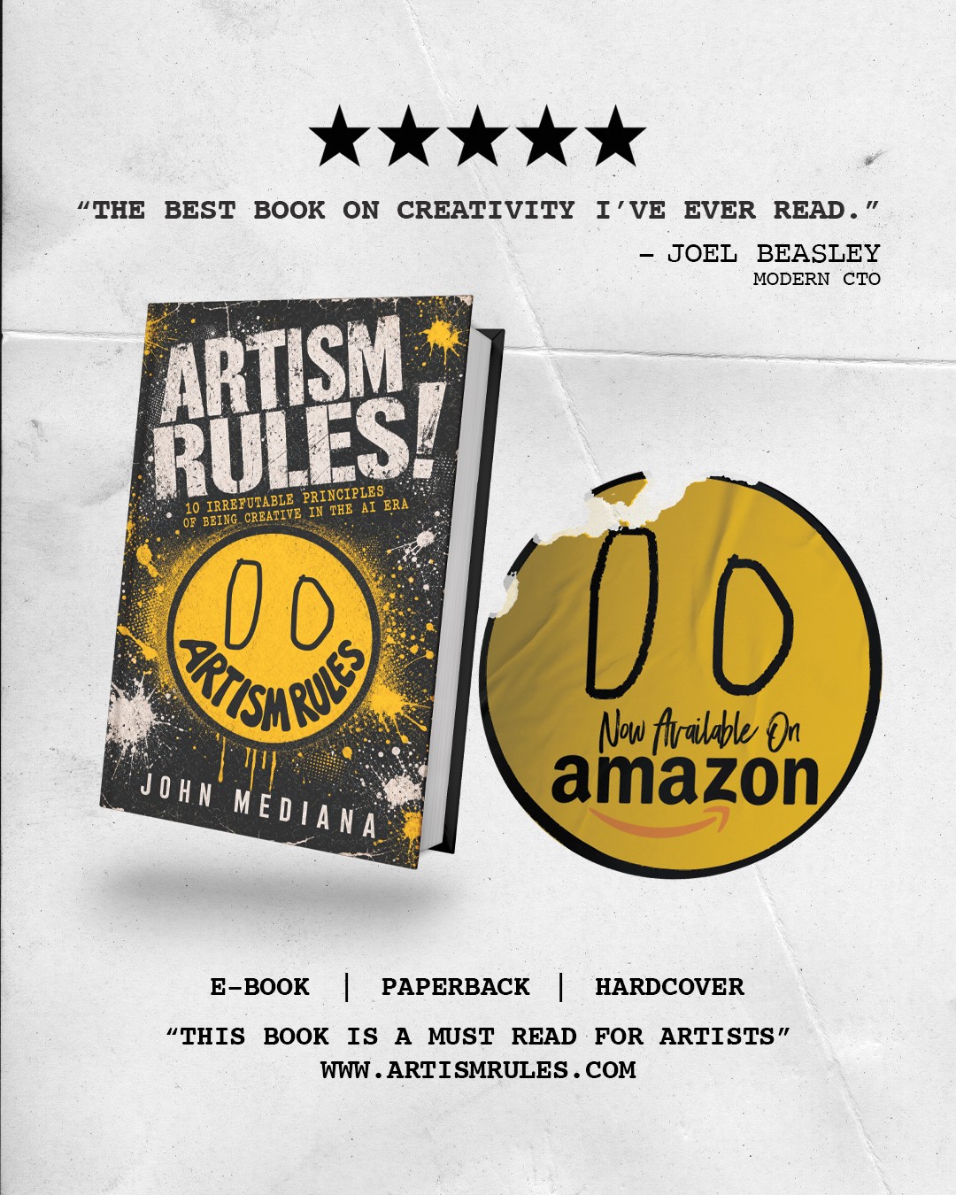 Book titled 'Artism Rules!' with a yellow circle and black text, next to a gold circle with Amazon logo, on white background.