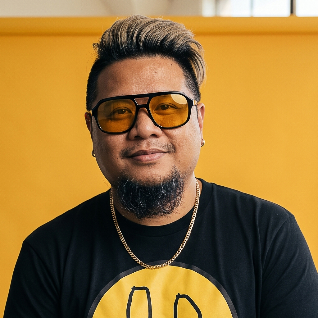 Man with styled hair, sunglasses, black T-shirt, and gold chain, smiling against a yellow background.