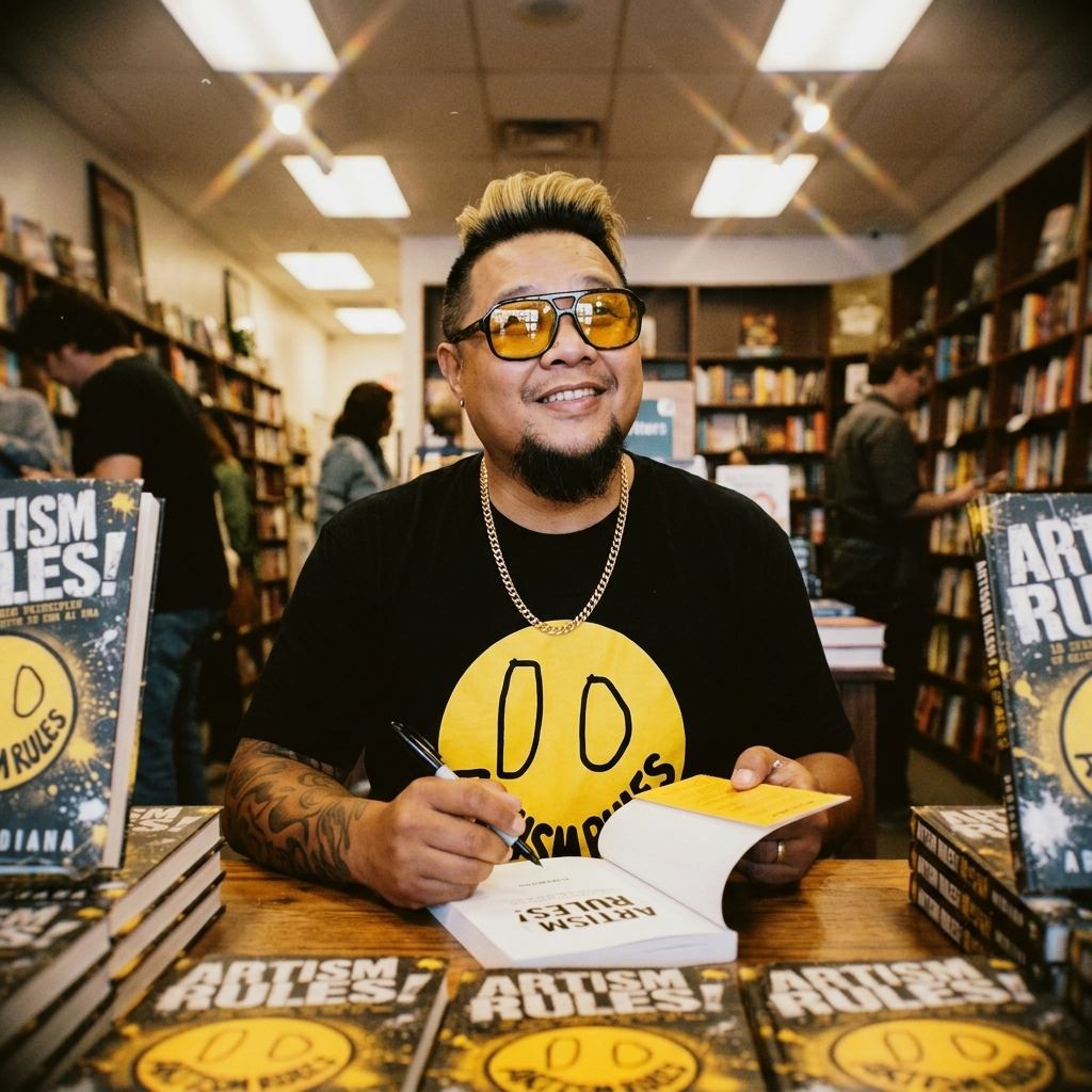 Person with sunglasses and a yellow smiley face shirt signing books in a bookstore, surrounded by shelves and other customers.