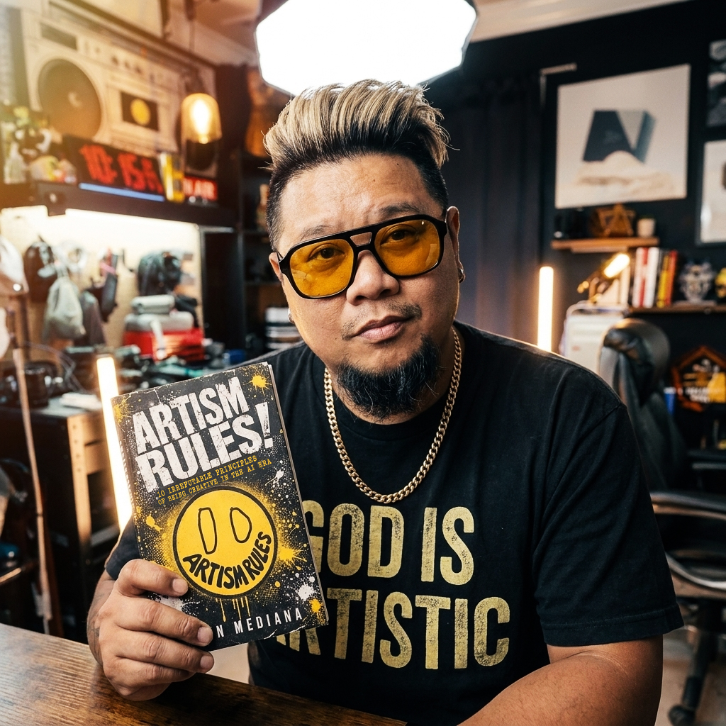 Man with glasses and a beard holding a book titled 'ARTISM RULES!' in a room with posters and books.