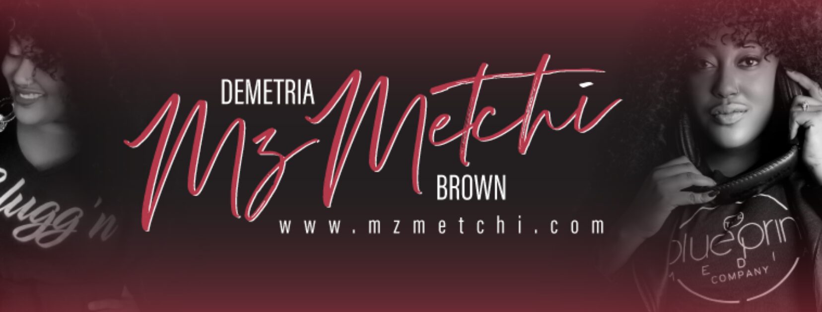 Text with name and website, background with two black-and-white images of women, pink and black color scheme.