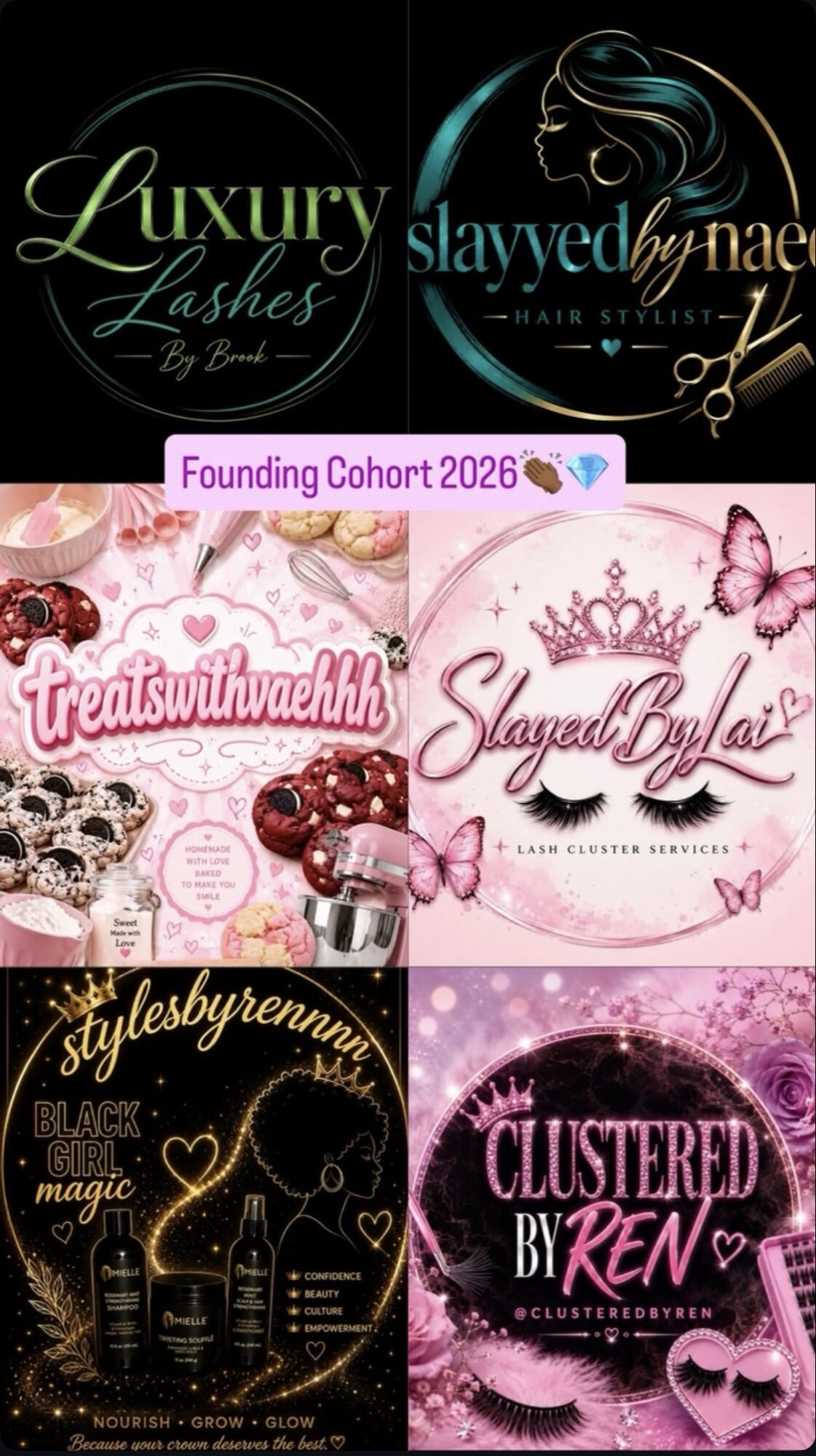 Collage of eyelash and beauty salon logos with pink, black, and gold themes, including butterflies and makeup elements.