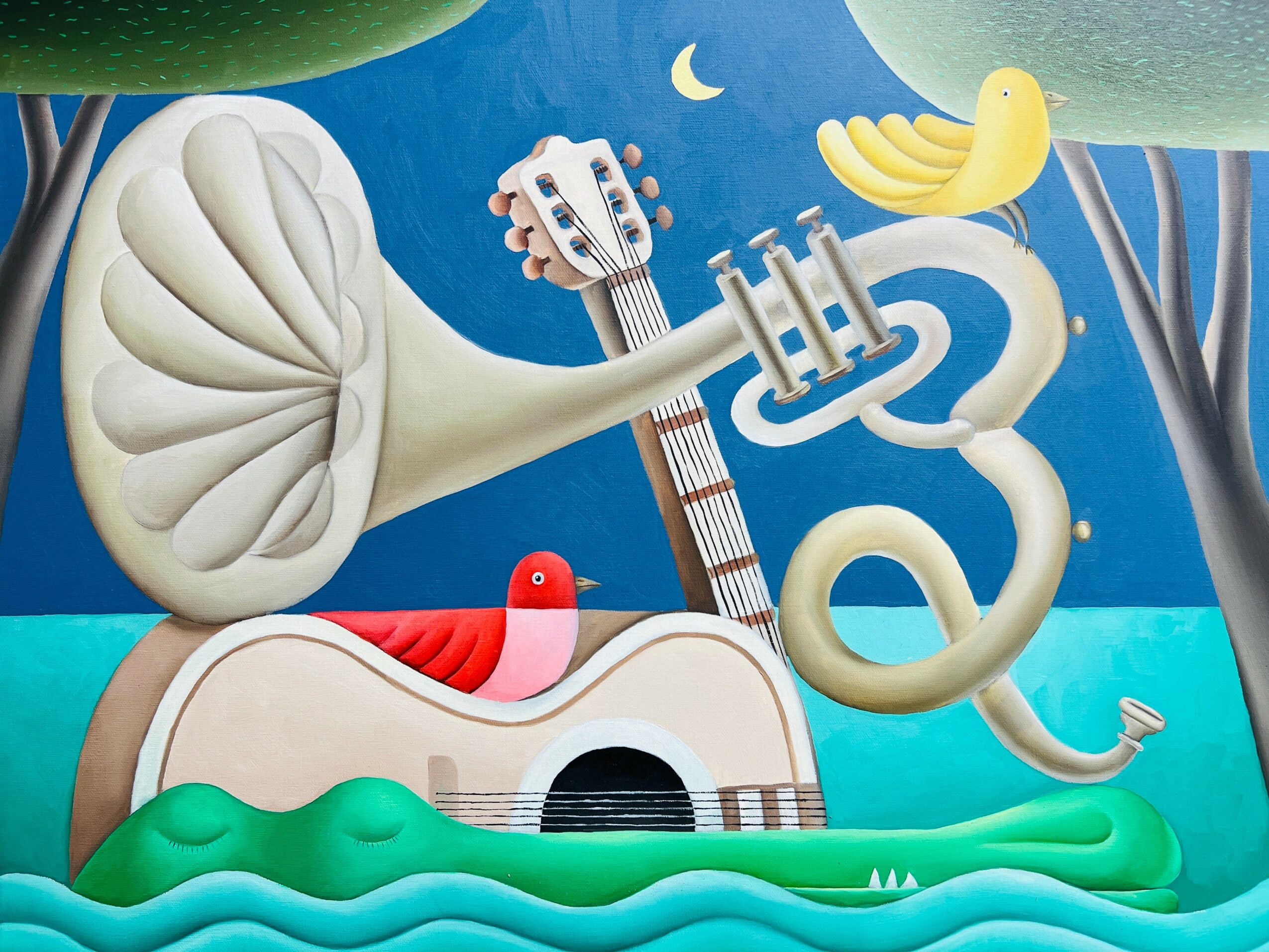 Musical instruments and objects floating on water with trees and a night sky in the background.
