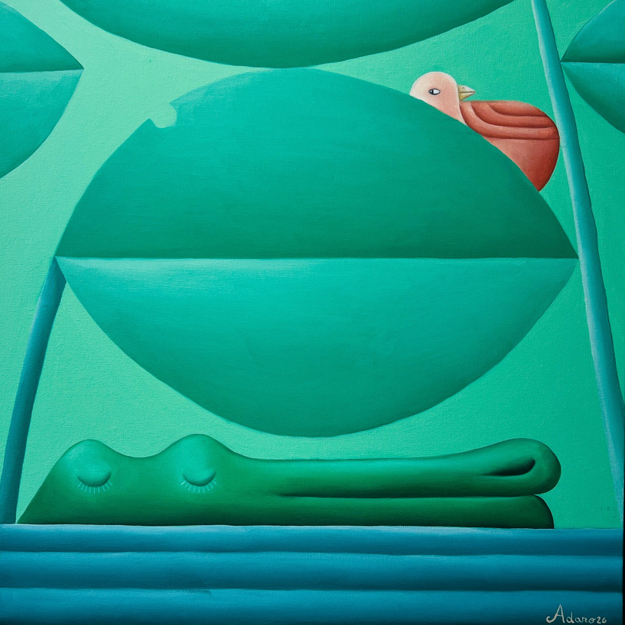A stylized illustration of a crocodile resting on a blue surface with large green leaves and a pink bird in the background.