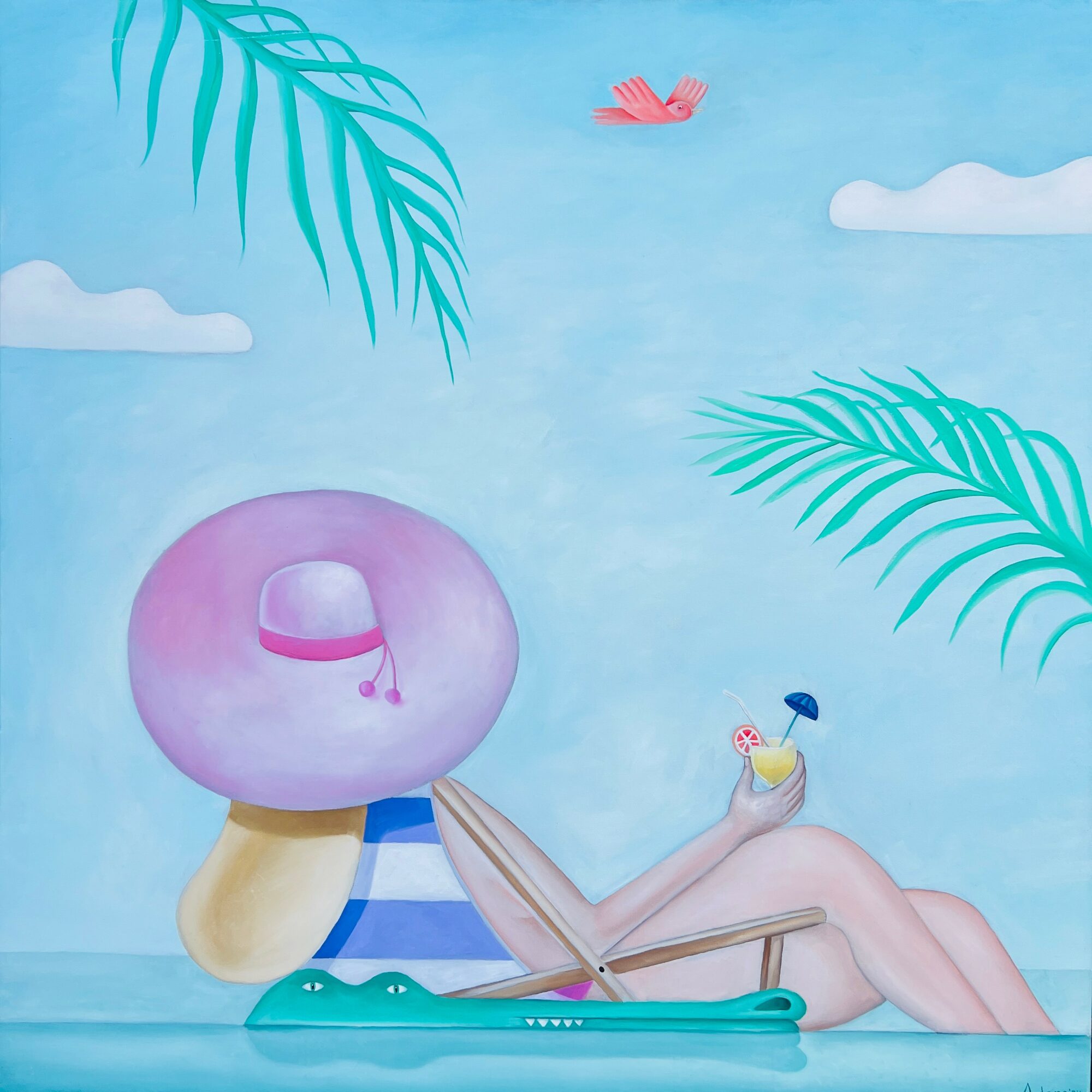 Person with a large pink hat, striped shirt, and sunglasses relaxing on a beach with palm leaves and a blue sky.