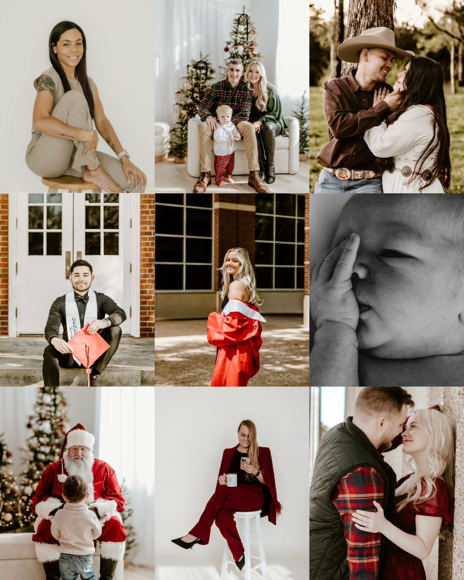 Collage of nine images featuring people, including children, adults, and a person dressed as Santa Claus, in various settings.