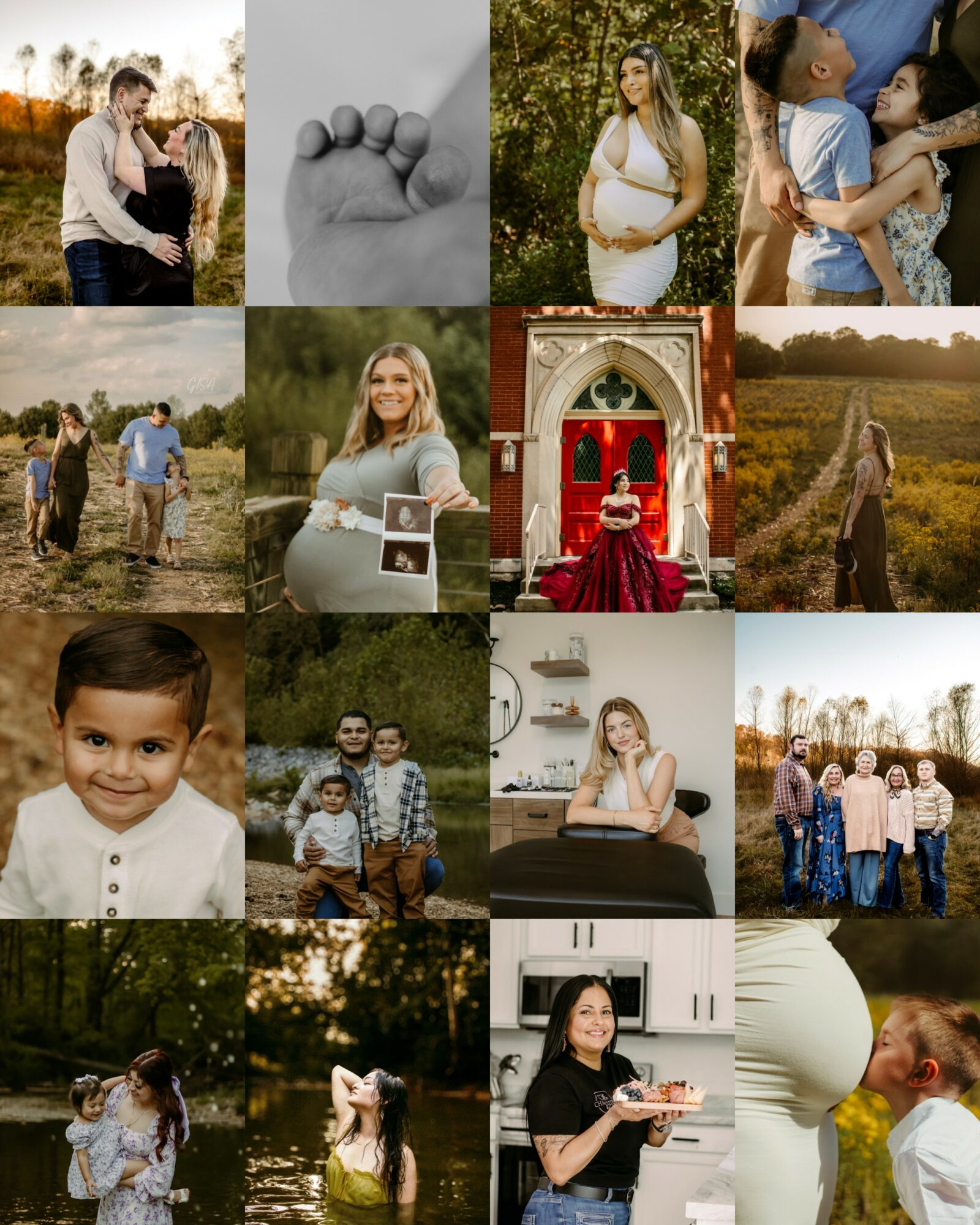 Collage of people, children, and outdoor scenes, including a pregnant woman, a family, and children playing outside.