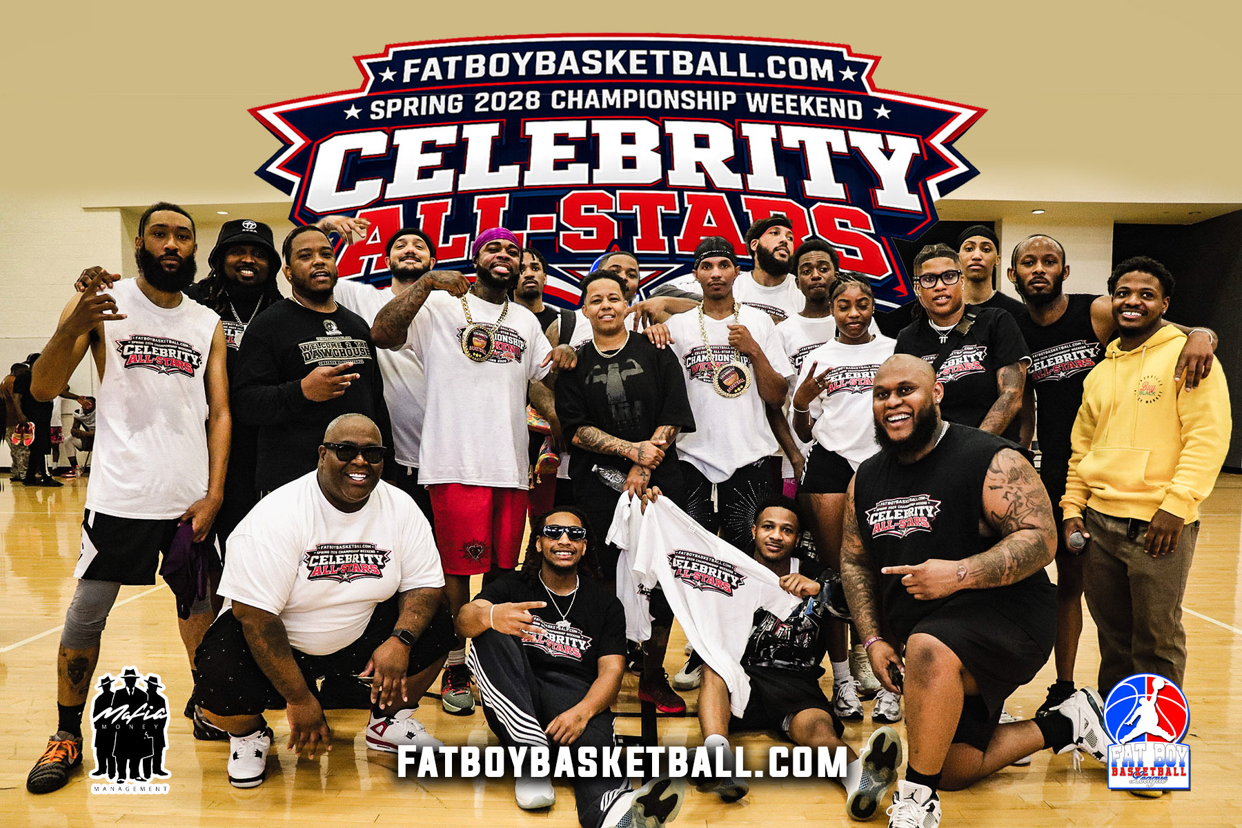 Group of basketball players and coaches posing in front of a banner at a basketball event, some holding shirts and medals.