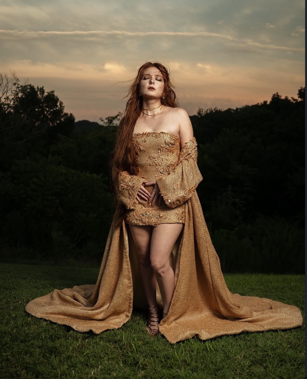 Woman in a gold gown standing outdoors on grass with a sunset sky and trees in background.