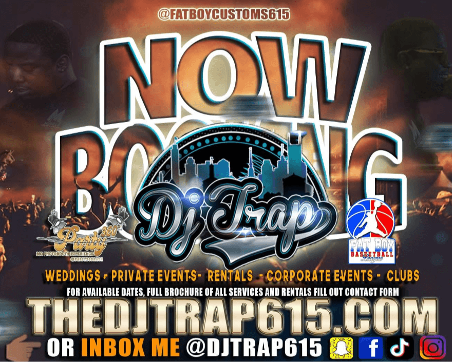 Promotional poster for DJ Trap615 featuring bold text, cityscape, and event details, with images of people and logos in the background.