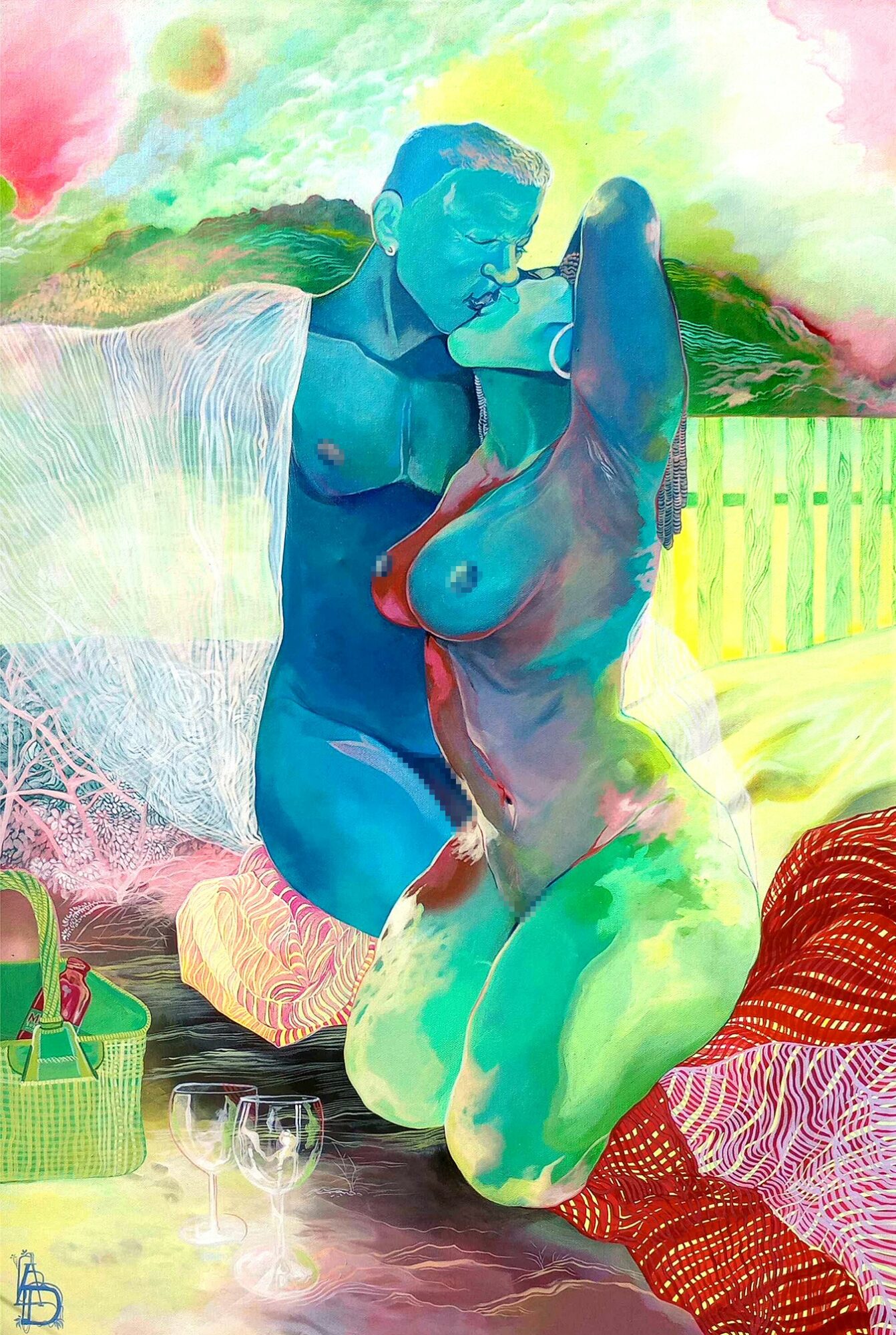 Two abstract, colorful human figures embrace outdoors with a green fence and landscape in the background.