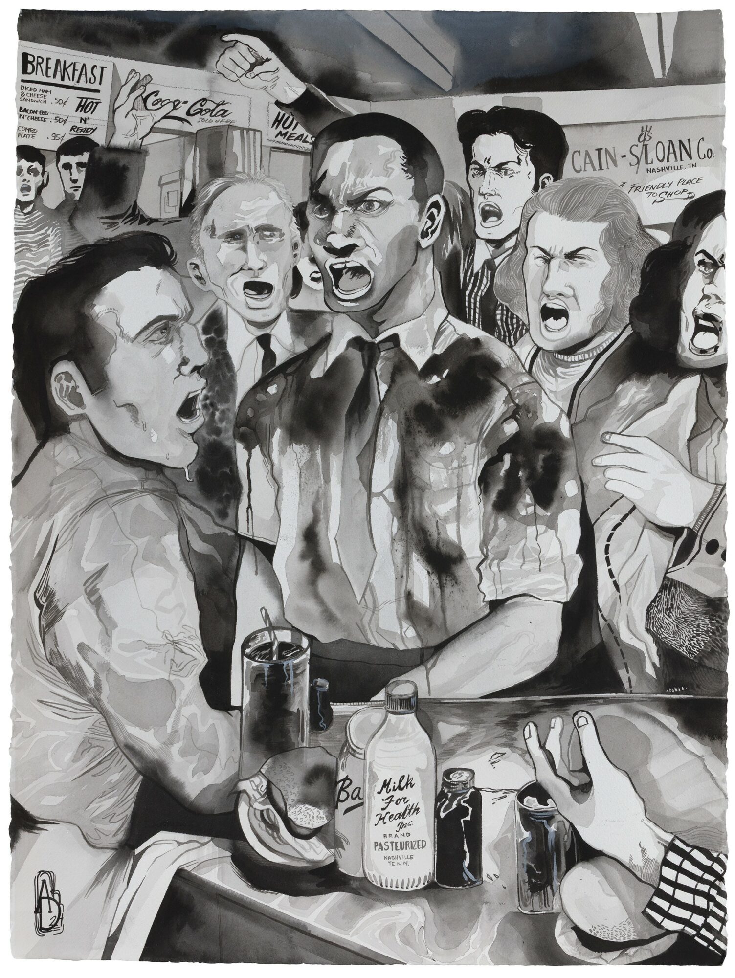 Black and white illustration of angry people shouting in a crowded setting, with drinks on a table and signs in the background.