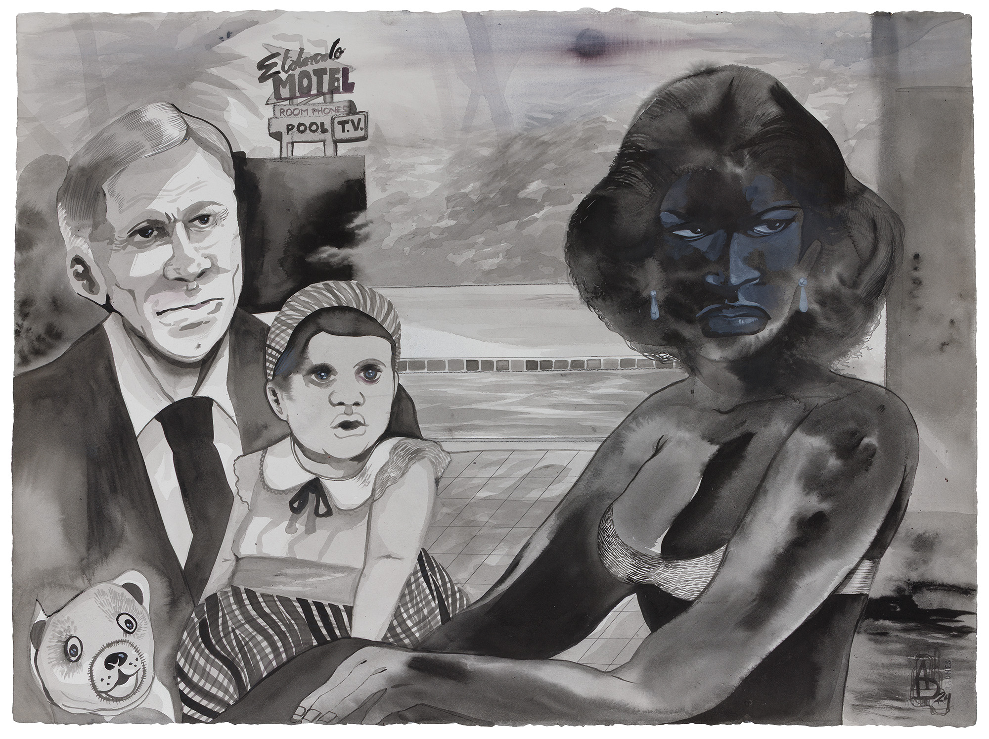 Black and white painting of a man, a young girl, and a woman with dark hair, with a pool and sign in background.