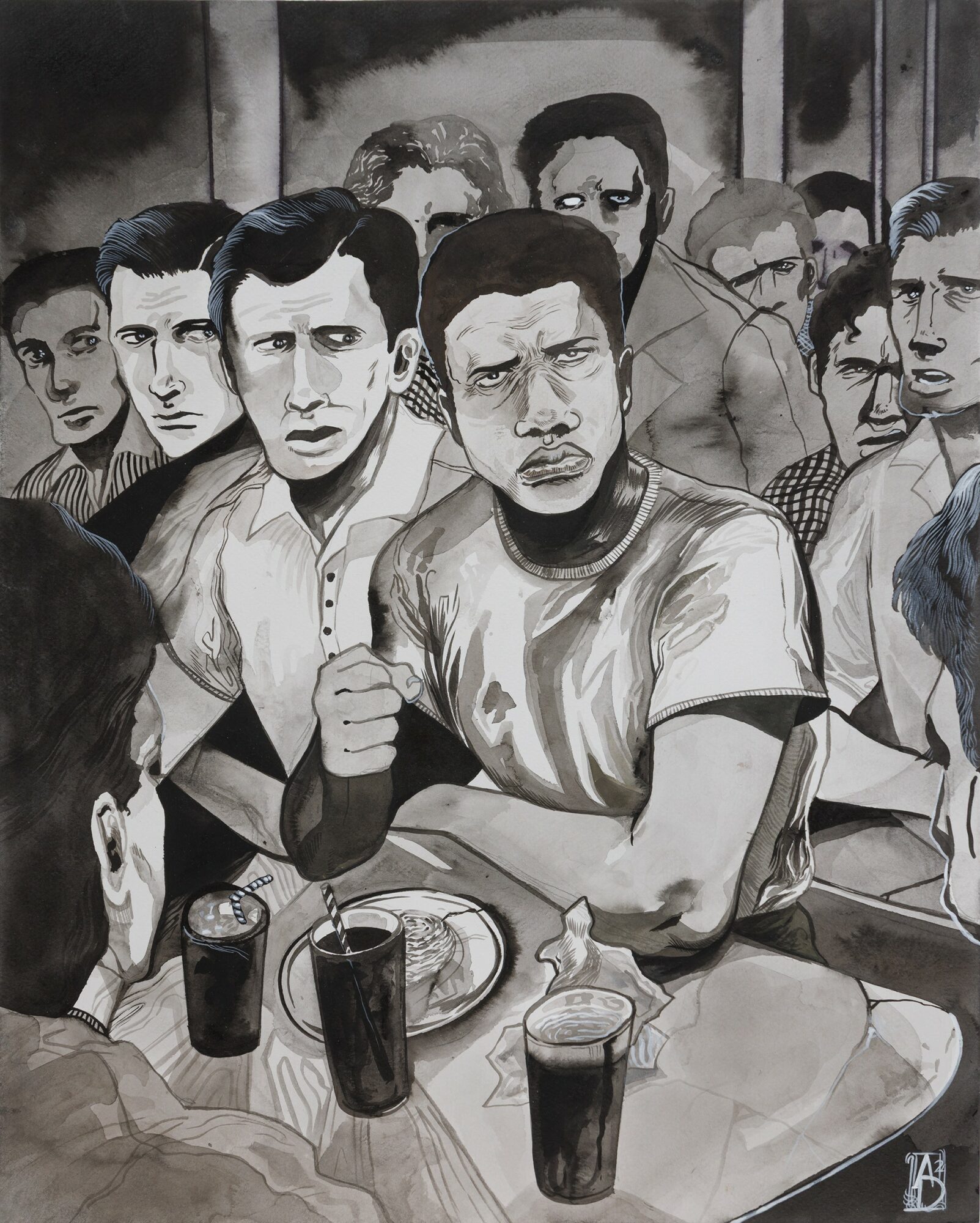 Group of people sitting at a table with drinks, some looking directly at the camera, in black and white.