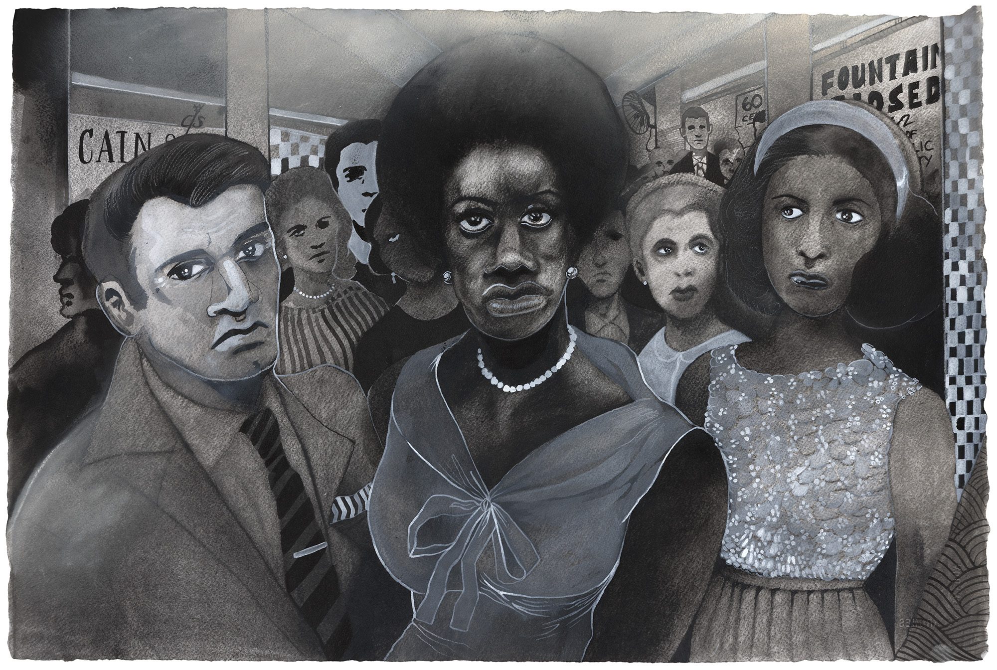 Group of people with serious expressions, including a woman with an afro and pearl necklace, in black and white.