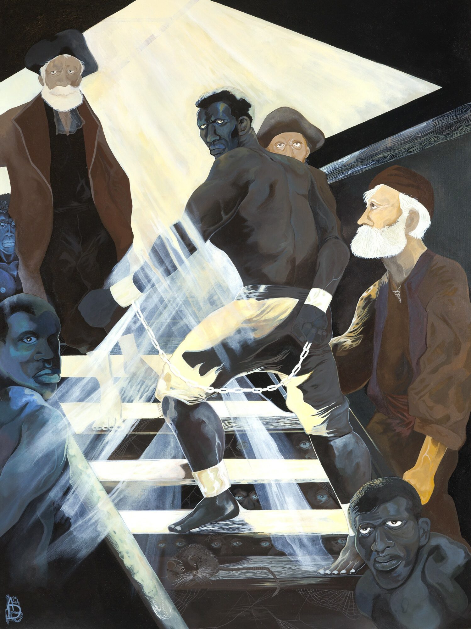 Group of people gathered around a central figure with dark skin, some wearing masks, in a stylized scene with geometric elements.