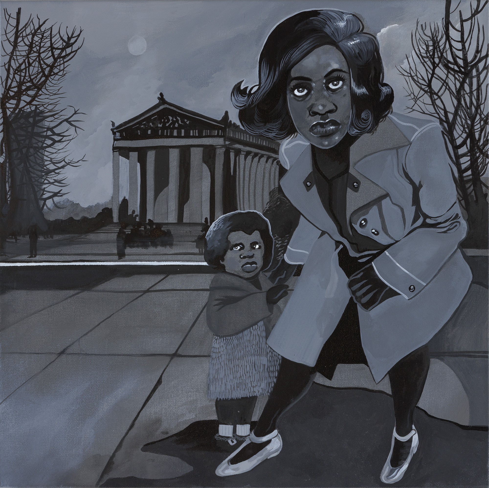 A woman and child stand outdoors at night with a building and trees in the background, in grayscale.