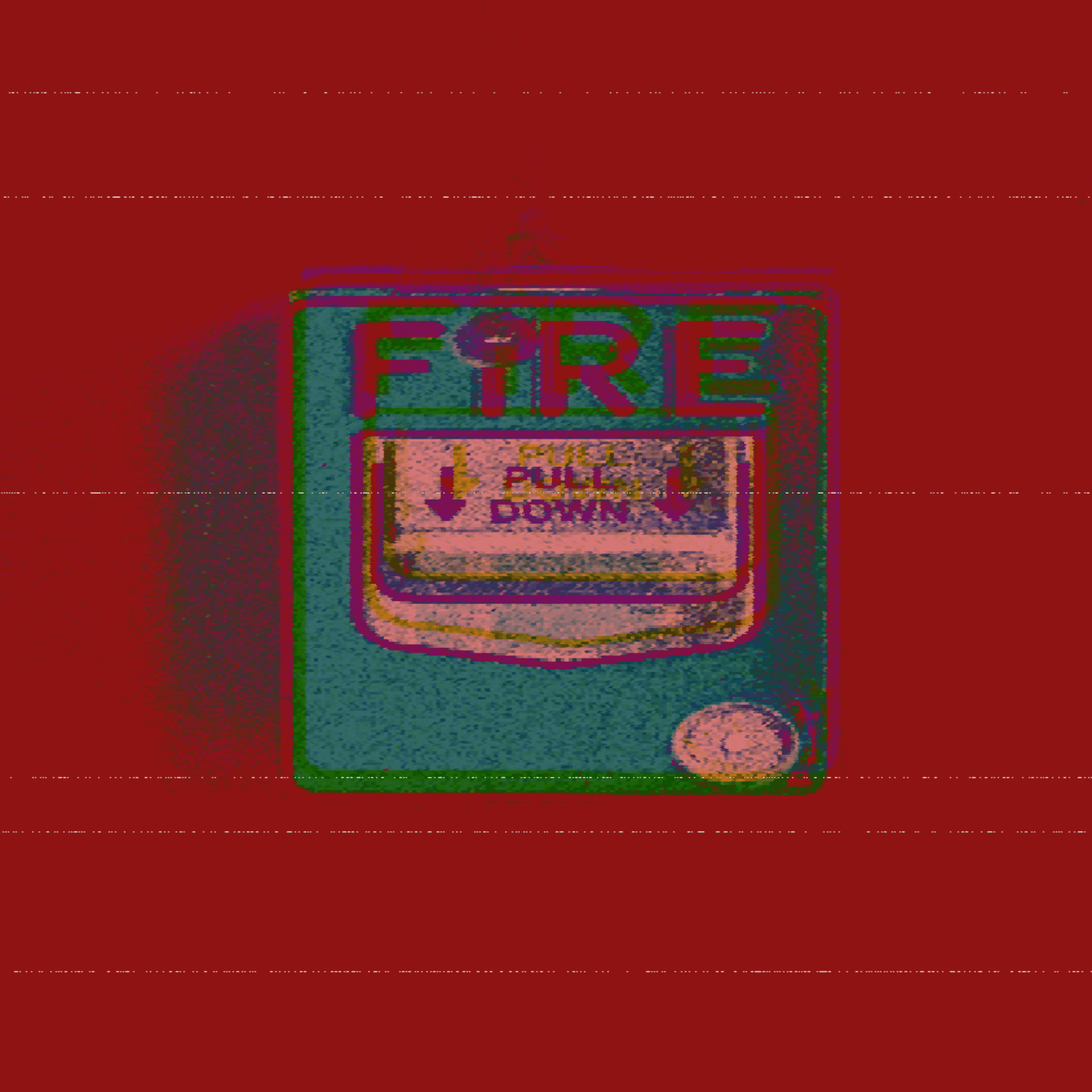 A fire alarm with a pull station and instructions, mounted on a wall, with a red background.