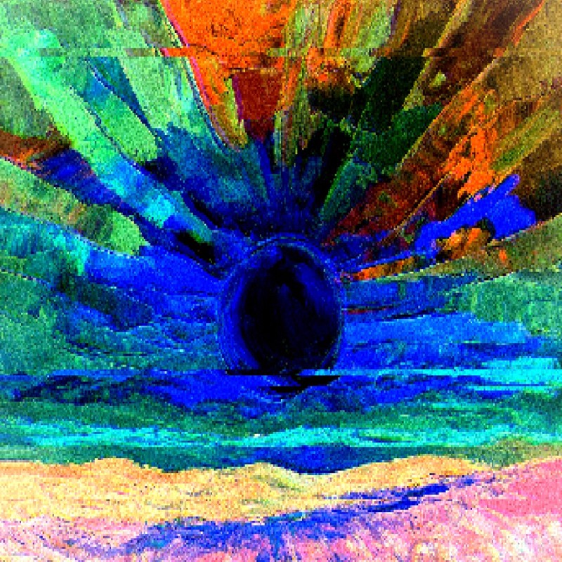 Abstract colorful painting with a dark central circle and radiating streaks of bright colors, resembling a vortex or explosion.