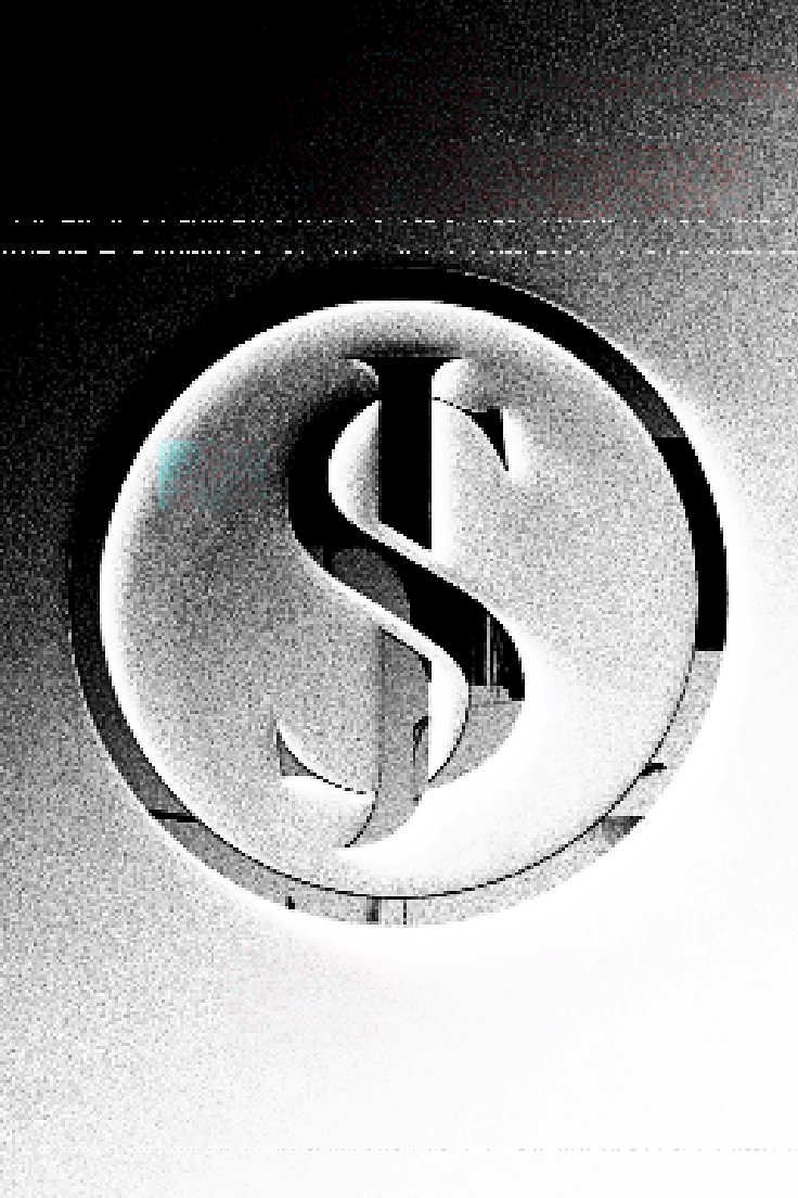 A circular emblem with a dollar sign in the center, black and white, with a textured background.