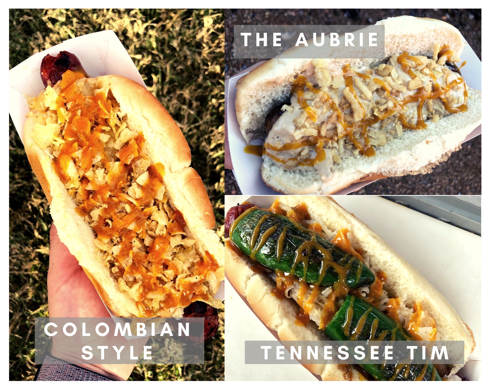 Three hot dogs with various toppings, labeled as Colombian style, The Aubrie, and Tennessee Tim, on different plates or surfaces.