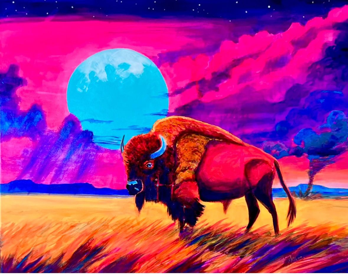 Bison standing in a colorful landscape with a large blue moon and pink clouds in the sky.