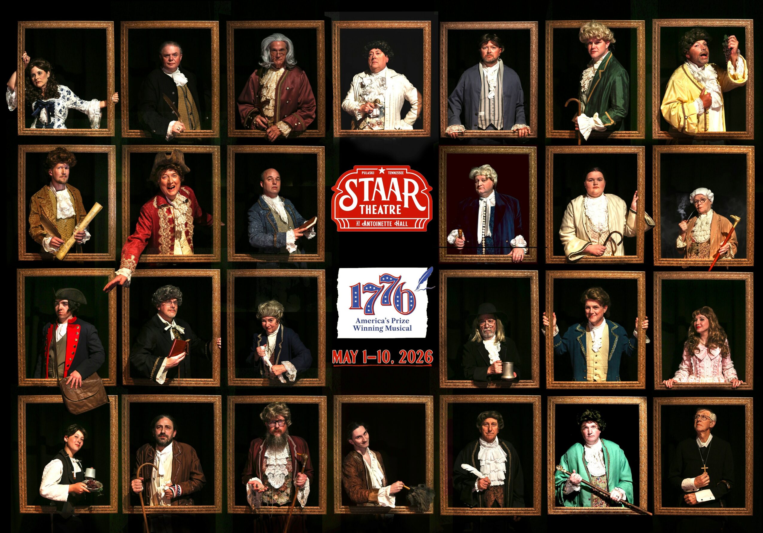 The image shows a theatrical cast in individual framed portraits, with a central poster for the Star Theatre and a date May 10, 2023.