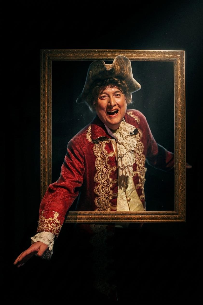 Person smiling, dressed in historical costume, holding a picture frame, dark background, theatrical lighting.