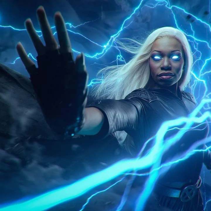 Woman with glowing eyes and long white hair, reaching out with lightning in the background.