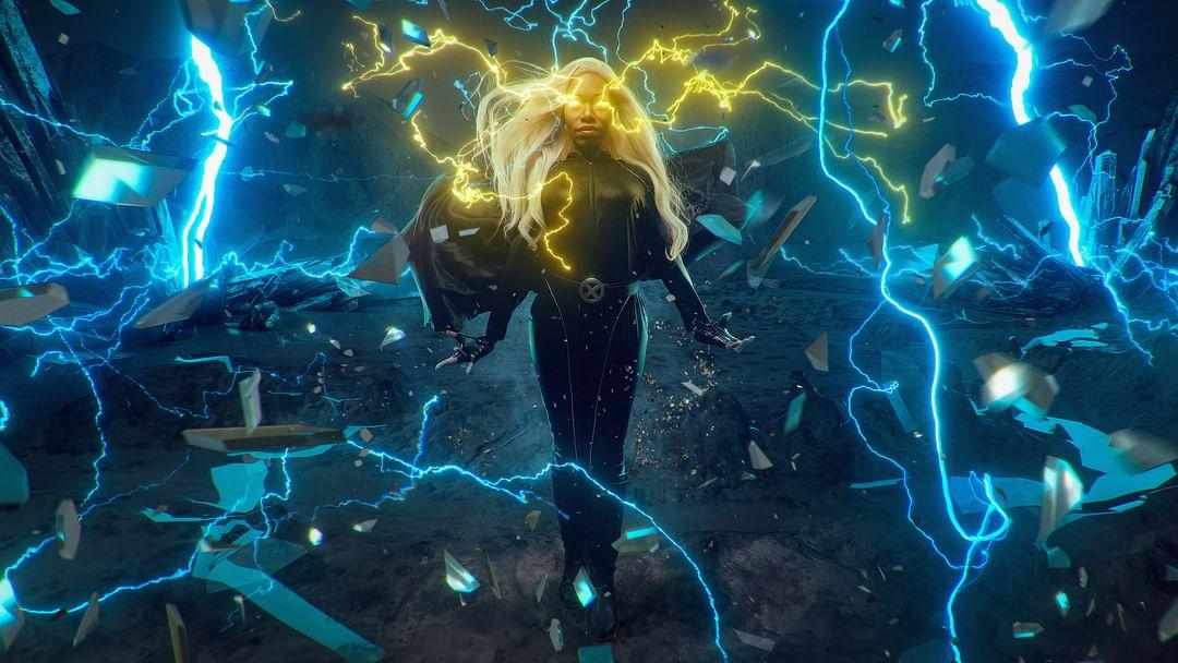 Person standing amidst lightning and debris with glowing yellow hair, surrounded by blue lightning bolts and shattered objects.