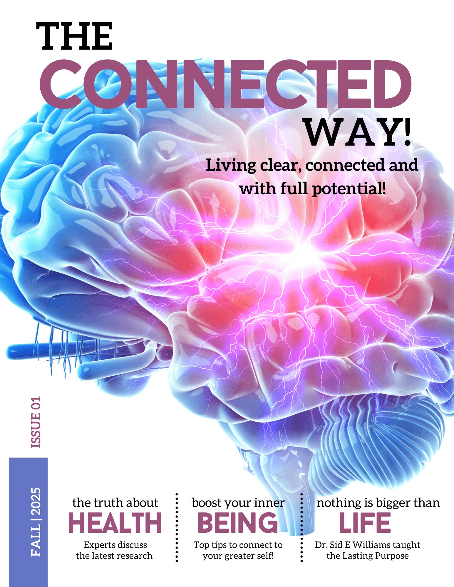 Colorful illustration of a brain with glowing connections, text about health and connection, and a white background.