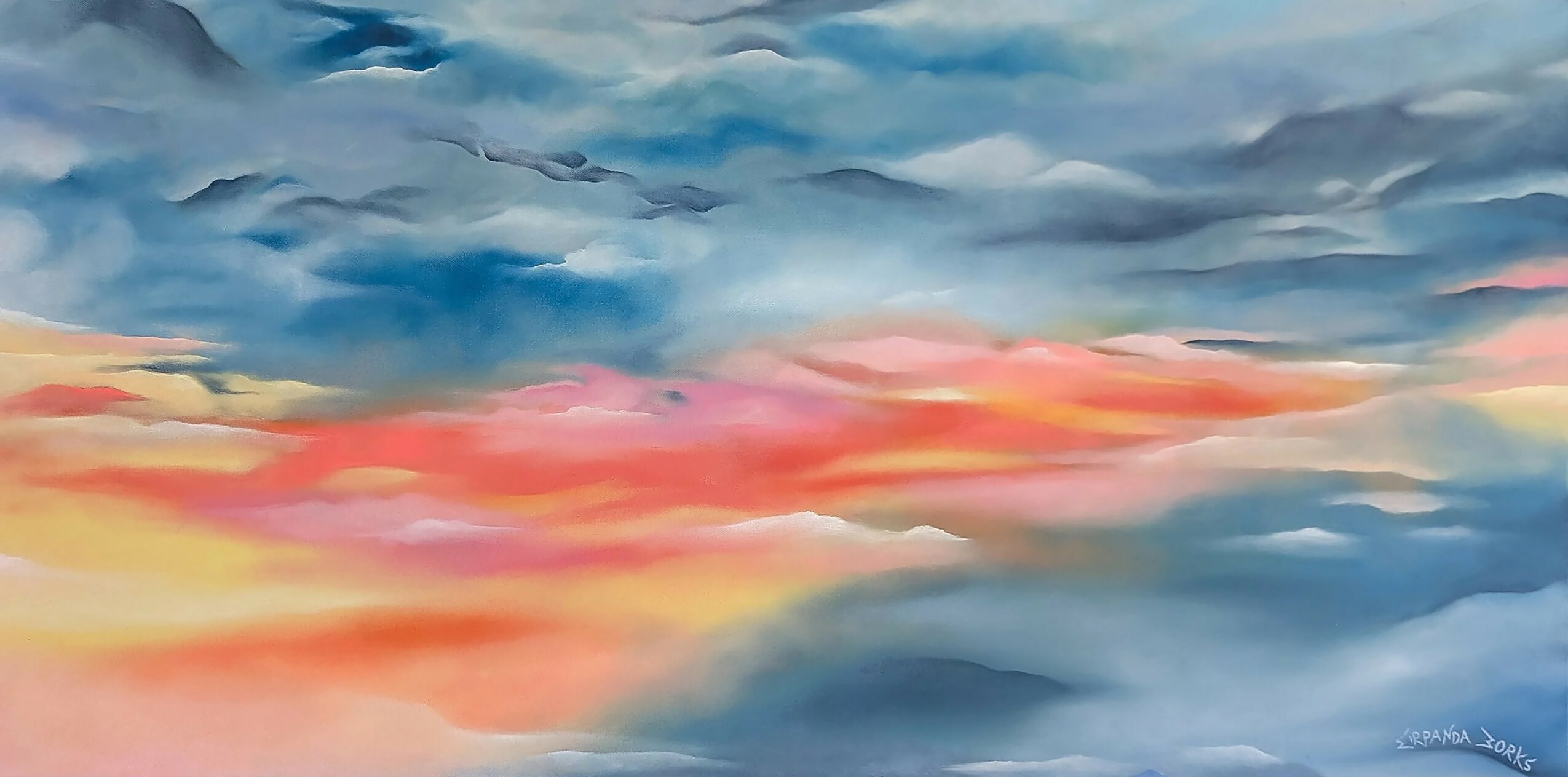 Abstract watercolor sky with blue, pink, and orange clouds, and a mix of light and dark blue tones.