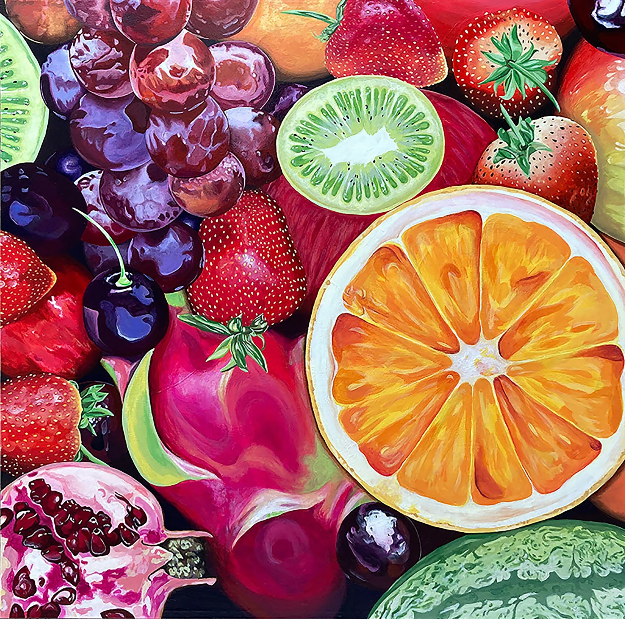 Assorted fruits including grapes, strawberries, kiwi, orange, watermelon, and pomegranate, arranged closely together.