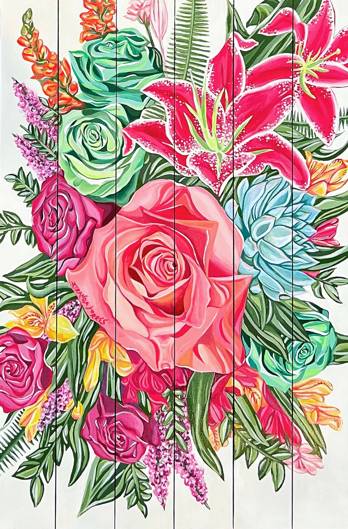 Colorful bouquet of roses, lilies, and other flowers with green leaves, in vibrant pink, green, blue, and yellow hues.