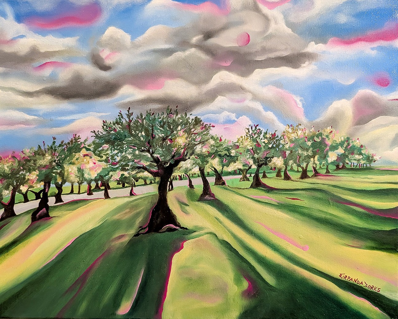 Landscape with trees, green fields, and a colorful sky with clouds, painted in a vibrant, impressionistic style.