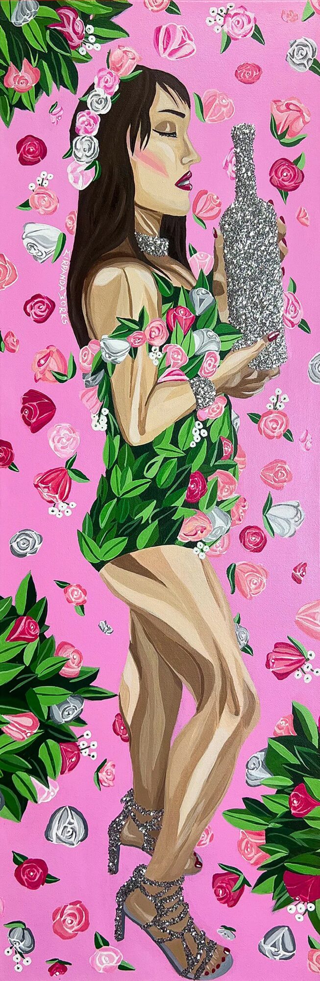 Young woman with long hair and floral headband holding a mirror, surrounded by flowers and pink background.