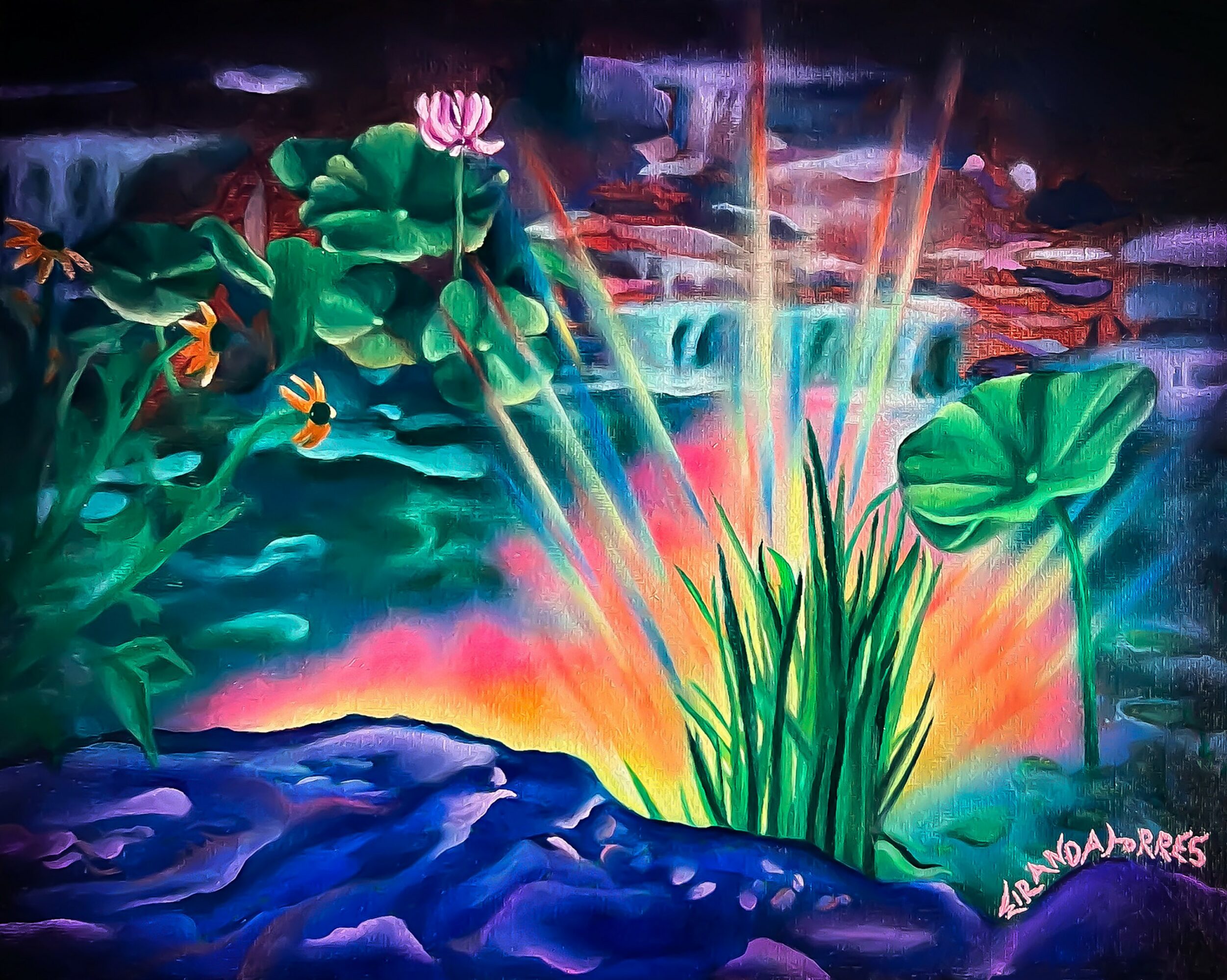Colorful painting of a waterfall with green plants, pink lotus, and vibrant water, signature in bottom right corner.