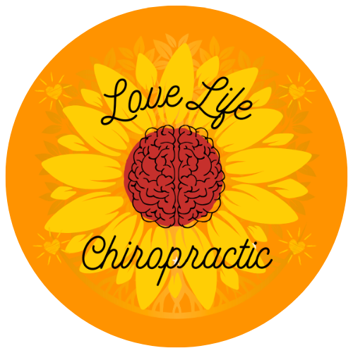 Circular design with a sunflower background, a brain in the center, and the words 'Love Life Chiropractic' written across.